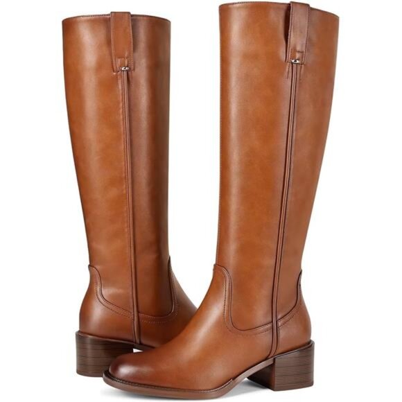 Womens knee high boots chunky heel round toe leather patent side zipper tall boo - Picture 5 of 7